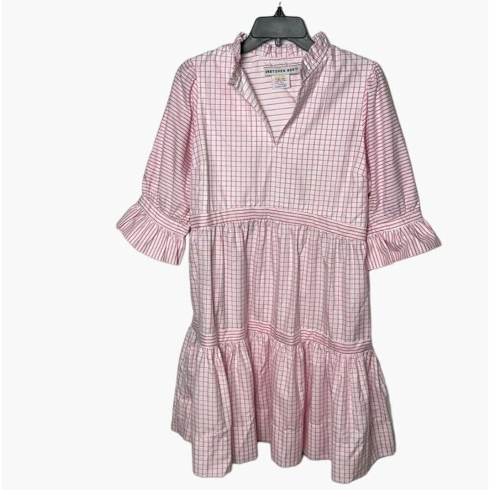 Gretchen Scott Teardrop Pink Gingham Dress Large 36" Length. Mandarin Ruffle Sli - Picture 1 of 5